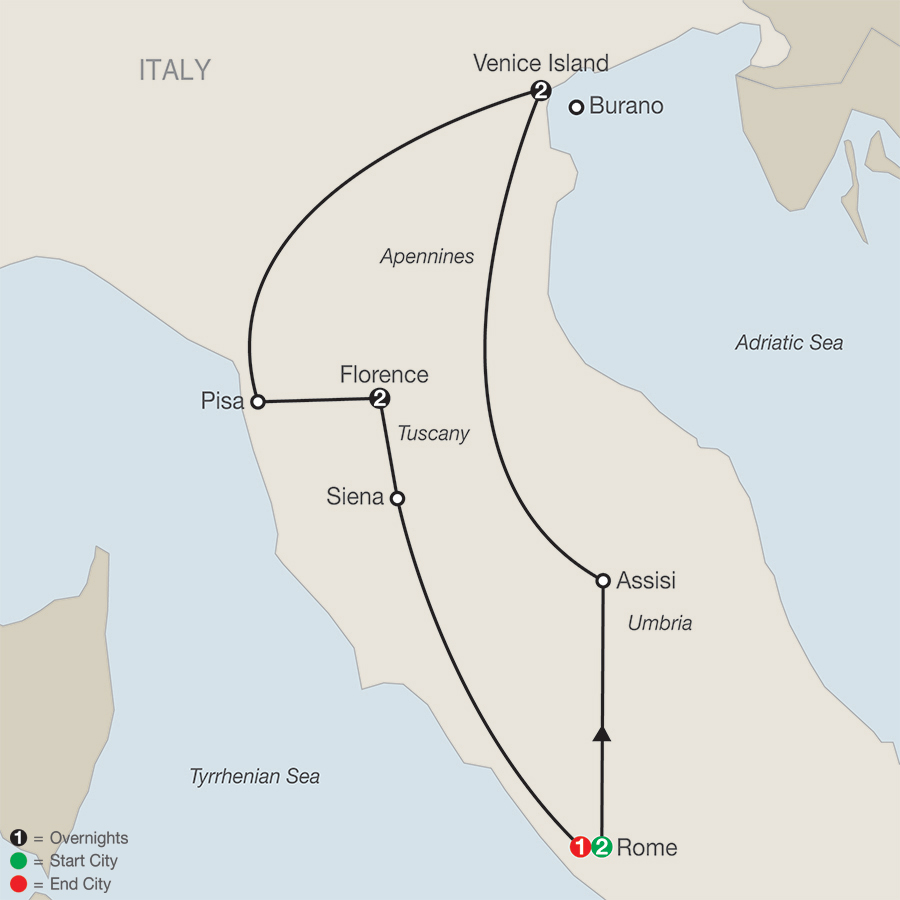 Check out the 8 day tour route through Italy's greatest cities. 